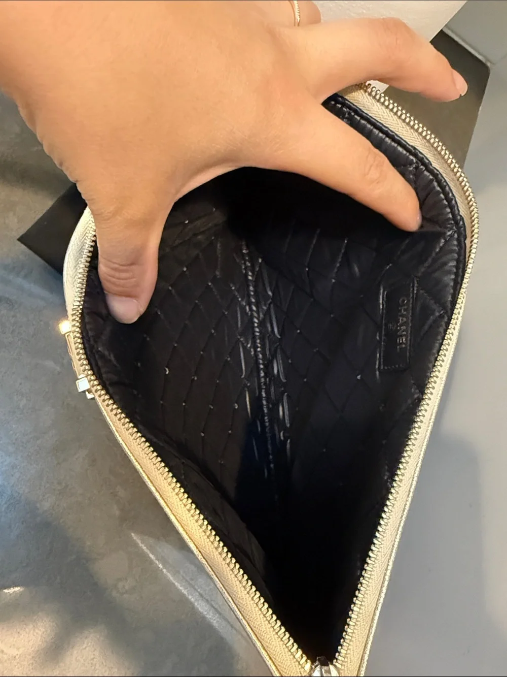 Chanel Boy O Case Clutch Pouch Medium Black and Silver Calfskin